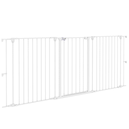 PawHut Barrera para Perros de Acero Valla para Mascotas Plegable de 3 Paneles con Doble Cerradura y Función de Bloqueo Auxiliar para Puerta Pasillo Escalera 206x90 cm Blanco