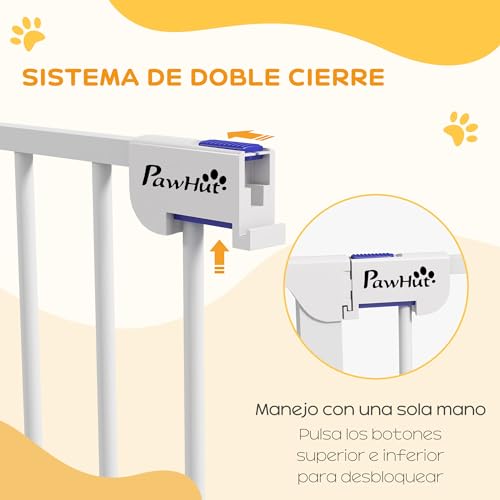 PawHut Barrera para Perros de Acero Valla para Mascotas Plegable de 3 Paneles con Doble Cerradura y Función de Bloqueo Auxiliar para Puerta Pasillo Escalera 206x90 cm Blanco