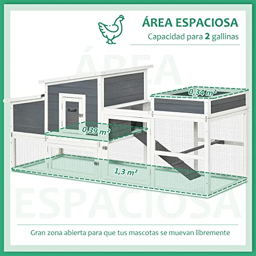 PawHut Gallinero de Madera Exterior Jaula para 2 Gallinas con Corral de Alambre, Nido, Techo de Asfalto, 191,5x80x90 cm, Gris