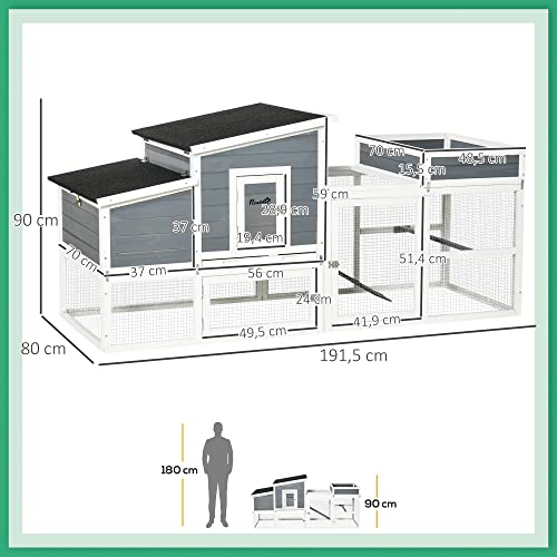 PawHut Gallinero de Madera Exterior Jaula para 2 Gallinas con Corral de Alambre, Nido, Techo de Asfalto, 191,5x80x90 cm, Gris