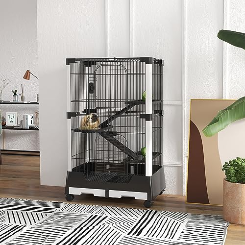 PawHut Jaula para Animales Pequeños con Ruedas 114x75x50 cm Valla para Mascotas con 3 Plataformas 3 Rampas Bandejas Extraíbles para Hurones Conejos Negro