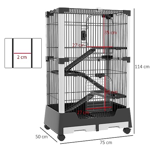 PawHut Jaula para Animales Pequeños con Ruedas 114x75x50 cm Valla para Mascotas con 3 Plataformas 3 Rampas Bandejas Extraíbles para Hurones Conejos Negro