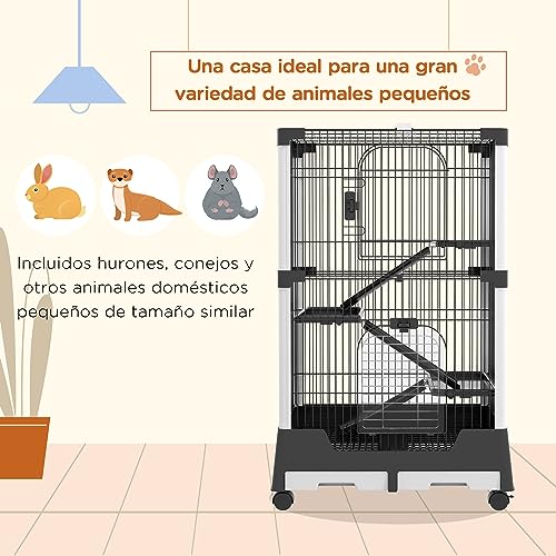 PawHut Jaula para Animales Pequeños con Ruedas 114x75x50 cm Valla para Mascotas con 3 Plataformas 3 Rampas Bandejas Extraíbles para Hurones Conejos Negro