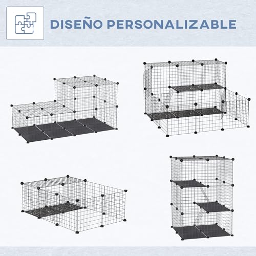 PawHut Jaula para Animales Pequeños de 3 Niveles Parque para Mascotas con 39 Paneles 35x35 cm Rampas y Forma Personalizable para Cobayas Conejos Chinchillas 70x70x105 cm Negro