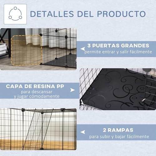 PawHut Jaula para Animales Pequeños de 3 Niveles Parque para Mascotas con 39 Paneles 35x35 cm Rampas y Forma Personalizable para Cobayas Conejos Chinchillas 70x70x105 cm Negro