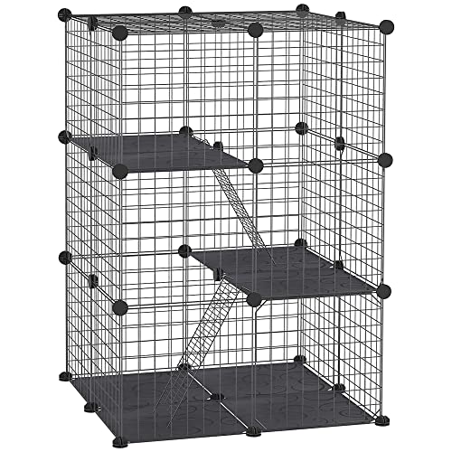 PawHut Jaula para Animales Pequeños de 3 Niveles Parque para Mascotas con 39 Paneles 35x35 cm Rampas y Forma Personalizable para Cobayas Conejos Chinchillas 70x70x105 cm Negro