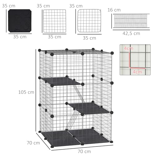 PawHut Jaula para Animales Pequeños de 3 Niveles Parque para Mascotas con 39 Paneles 35x35 cm Rampas y Forma Personalizable para Cobayas Conejos Chinchillas 70x70x105 cm Negro