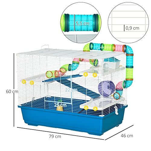 PawHut Jaula para Hámster Grande 79x46x60 cm Casa para Hámster con 3 Plataformas Tubos Comedero Bebedero 3 Rampas Rueda de Ejercicio y 2 Asas Portátiles Azul y Blanco