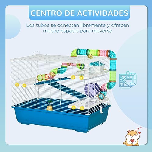 PawHut Jaula para Hámster Grande 79x46x60 cm Casa para Hámster con 3 Plataformas Tubos Comedero Bebedero 3 Rampas Rueda de Ejercicio y 2 Asas Portátiles Azul y Blanco