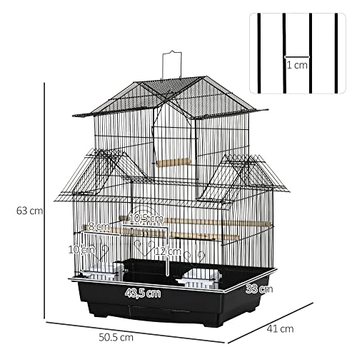 PawHut Jaula para Pájaros 50,5x41x63 cm Pajarera Metálica con 5 Puertas 2 Comederos 2 Perchas Columpio Bandeja Extraíble y Asa de Transporte para Canarios Periquitos Negro