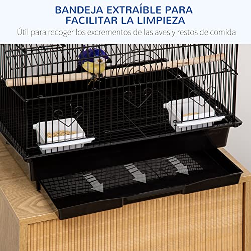 PawHut Jaula para Pájaros 50,5x41x63 cm Pajarera Metálica con 5 Puertas 2 Comederos 2 Perchas Columpio Bandeja Extraíble y Asa de Transporte para Canarios Periquitos Negro