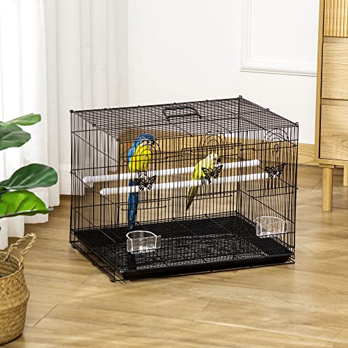 PawHut Jaula para Pájaros 60x41x41 cm Pajarera de Metal con Comederos 2 Perchas 3 Puertas y Asa de Transporte para Pájaros Pequeños Canarios Cotorras Negro