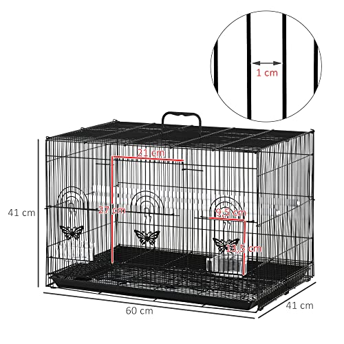 PawHut Jaula para Pájaros 60x41x41 cm Pajarera de Metal con Comederos 2 Perchas 3 Puertas y Asa de Transporte para Pájaros Pequeños Canarios Cotorras Negro