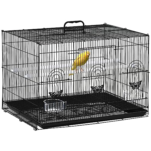 PawHut Jaula para Pájaros 60x41x41 cm Pajarera de Metal con Comederos 2 Perchas 3 Puertas y Asa de Transporte para Pájaros Pequeños Canarios Cotorras Negro