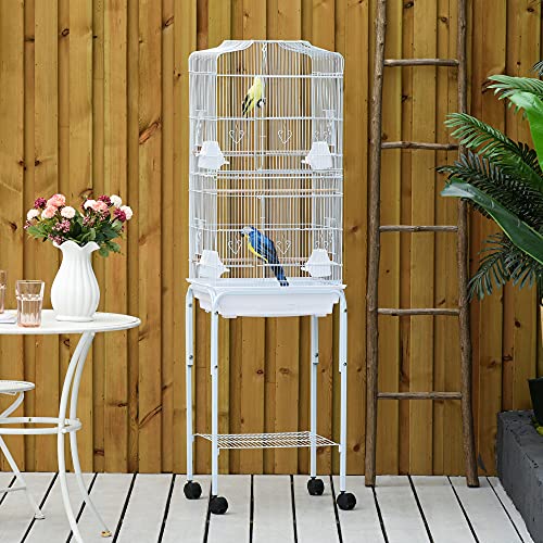 PawHut Jaula para Pájaros con Ruedas 46,5x36x157 cm Jaula Metálica de Aves con Puertas 4 Comederos 3 Perchas Bandeja Extraíble y Estante de Almacenaje para Canarios Periquitos Blanco