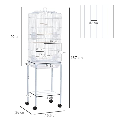 PawHut Jaula para Pájaros con Ruedas 46,5x36x157 cm Jaula Metálica de Aves con Puertas 4 Comederos 3 Perchas Bandeja Extraíble y Estante de Almacenaje para Canarios Periquitos Blanco