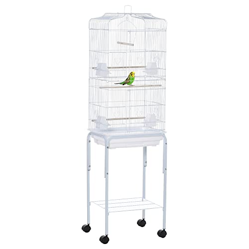 PawHut Jaula para Pájaros con Ruedas 46,5x36x157 cm Jaula Metálica de Aves con Puertas 4 Comederos 3 Perchas Bandeja Extraíble y Estante de Almacenaje para Canarios Periquitos Blanco