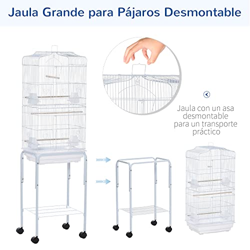 PawHut Jaula para Pájaros con Ruedas 46,5x36x157 cm Jaula Metálica de Aves con Puertas 4 Comederos 3 Perchas Bandeja Extraíble y Estante de Almacenaje para Canarios Periquitos Blanco