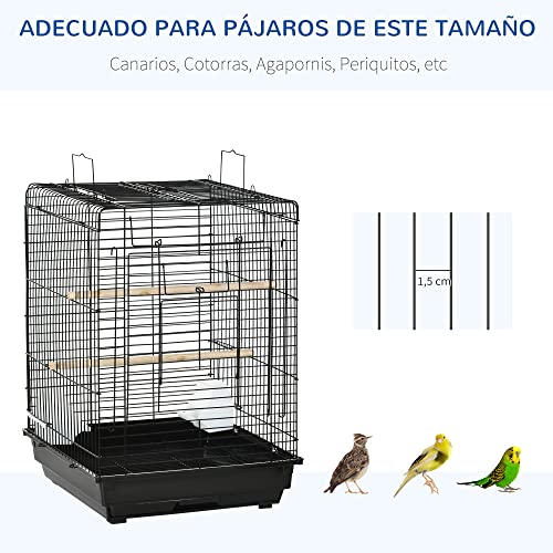 PawHut Jaula para Pájaros Jaula Metálica de Aves 40x40x59 cm con Techo Abatible 2 Perchas 2 Comederos y Bandeja Extraíble para Canarios Periquitos Negro