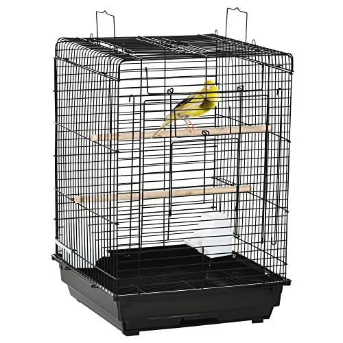 PawHut Jaula para Pájaros Jaula Metálica de Aves 40x40x59 cm con Techo Abatible 2 Perchas 2 Comederos y Bandeja Extraíble para Canarios Periquitos Negro