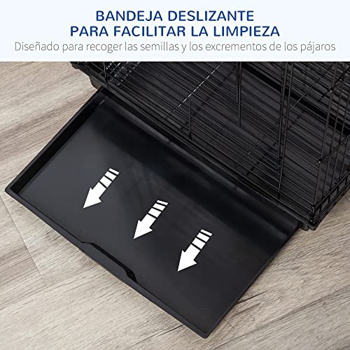 PawHut Jaula para Pájaros Jaula Metálica de Aves 40x40x59 cm con Techo Abatible 2 Perchas 2 Comederos y Bandeja Extraíble para Canarios Periquitos Negro