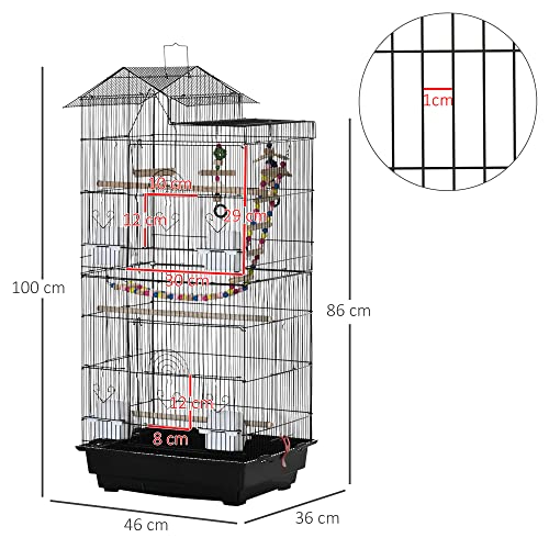 PawHut Jaula para Pájaros Pajarera de Metal con Múltiples Puertas 4 Comederos 3 Perchas Columpio Escaleras y Bandeja Extraíble para Loros Canarios Periquitos 46x36x100 cm Negro