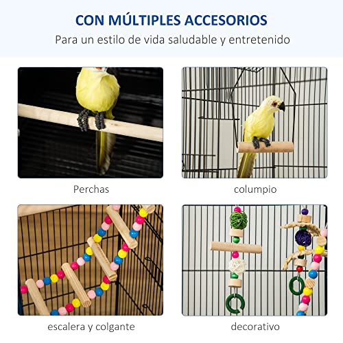 PawHut Jaula para Pájaros Pajarera de Metal con Múltiples Puertas 4 Comederos 3 Perchas Columpio Escaleras y Bandeja Extraíble para Loros Canarios Periquitos 46x36x100 cm Negro