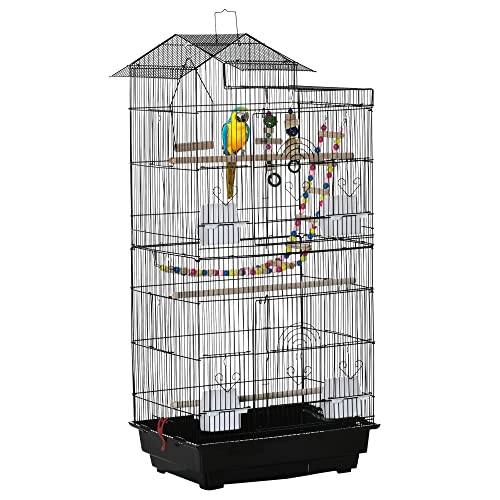 PawHut Jaula para Pájaros Pajarera de Metal con Múltiples Puertas 4 Comederos 3 Perchas Columpio Escaleras y Bandeja Extraíble para Loros Canarios Periquitos 46x36x100 cm Negro