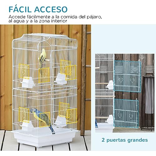 PawHut Jaula para Pájaros Pajarera de Metal con Puertas 4 Comederos 3 Perchas Columpio Bandeja Extraíble y Asa de Transporte para Loro Canario Periquito 46,5x35,5x92 cm Blanco