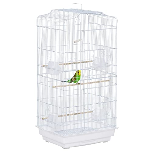 PawHut Jaula para Pájaros Pajarera de Metal con Puertas 4 Comederos 3 Perchas Columpio Bandeja Extraíble y Asa de Transporte para Loro Canario Periquito 46,5x35,5x92 cm Blanco