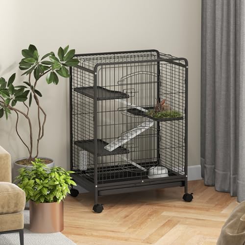 PawHut Jaula para Roedores con Ruedas 61,5x44,5x95 cm Jaula para Animales Pequeños con 2 Puertas 3 Plataformas Bandeja Extraíble Comedero y Bebedero para Conejos Cobayas Negro