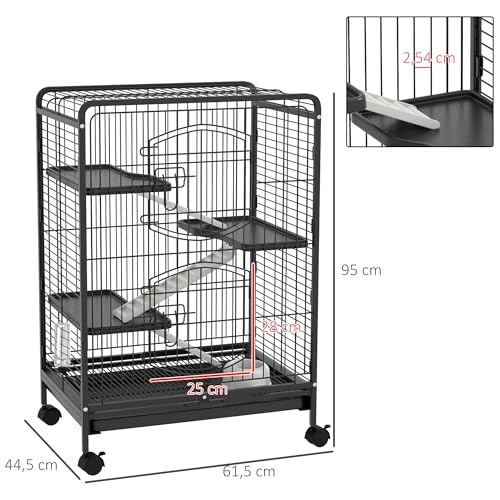 PawHut Jaula para Roedores con Ruedas 61,5x44,5x95 cm Jaula para Animales Pequeños con 2 Puertas 3 Plataformas Bandeja Extraíble Comedero y Bebedero para Conejos Cobayas Negro