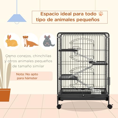 PawHut Jaula para Roedores con Ruedas 61,5x44,5x95 cm Jaula para Animales Pequeños con 2 Puertas 3 Plataformas Bandeja Extraíble Comedero y Bebedero para Conejos Cobayas Negro