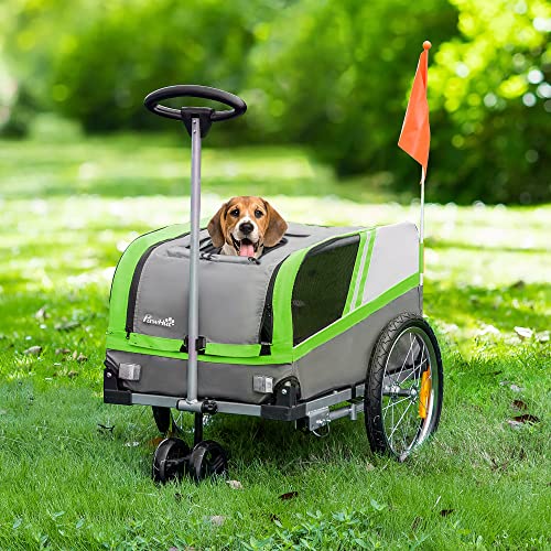 PawHut Remolque de Bicicleta para Perros 2 en 1 Carrito para Mascotas con Enganche Cubierta Enrollable Cinturón de Seguridad Bandera y Reflectores 130x64x97 cm Gris y Verde