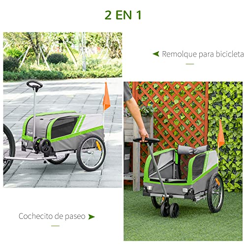 PawHut Remolque de Bicicleta para Perros 2 en 1 Carrito para Mascotas con Enganche Cubierta Enrollable Cinturón de Seguridad Bandera y Reflectores 130x64x97 cm Gris y Verde