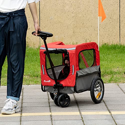 PawHut Remolque de Bicicleta para Perros 2 en 1 Carrito para Perros de Acero con Cinturón de Seguridad Mango de Empuje Extraíble Bandera y Reflectores 129x55,5x92 cm Rojo