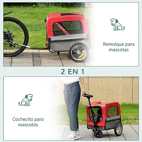 PawHut Remolque de Bicicleta para Perros 2 en 1 Carrito para Perros de Acero con Cinturón de Seguridad Mango de Empuje Extraíble Bandera y Reflectores 129x55,5x92 cm Rojo