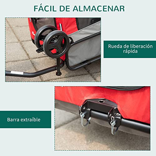 PawHut Remolque de Bicicleta para Perros 2 en 1 Carrito para Perros de Acero con Cinturón de Seguridad Mango de Empuje Extraíble Bandera y Reflectores 129x55,5x92 cm Rojo