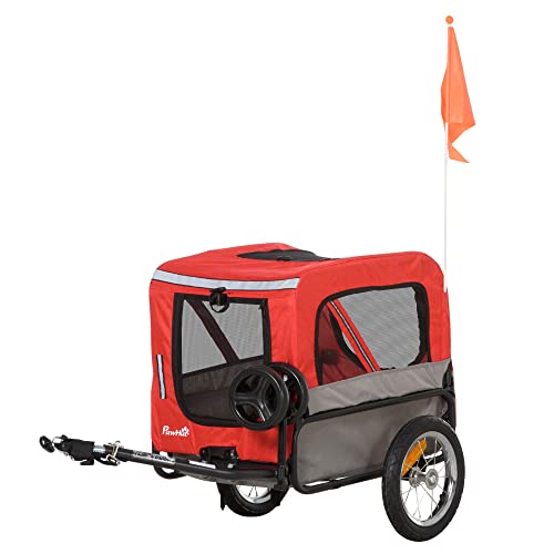 PawHut Remolque de Bicicleta para Perros 2 en 1 Carrito para Perros de Acero con Cinturón de Seguridad Mango de Empuje Extraíble Bandera y Reflectores 129x55,5x92 cm Rojo