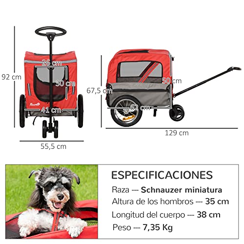 PawHut Remolque de Bicicleta para Perros 2 en 1 Carrito para Perros de Acero con Cinturón de Seguridad Mango de Empuje Extraíble Bandera y Reflectores 129x55,5x92 cm Rojo