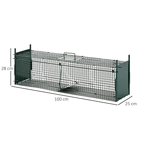 PawHut Trampa para Animales Vivos Jaula de Captura Metálica con 2 Puertas Asa para Conejos Visones Zorros Pequeños 100x25x28 cm Verde Oscuro