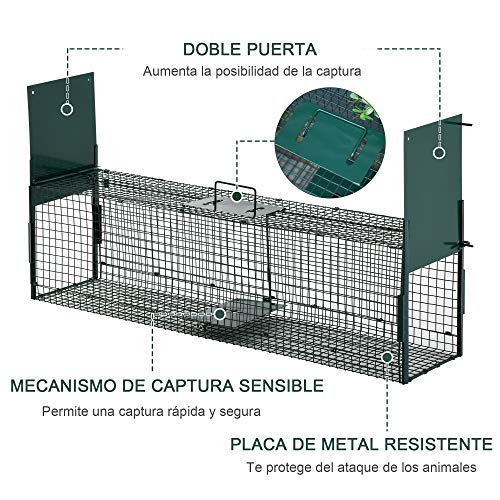 PawHut Trampa para Animales Vivos Jaula de Captura Metálica con 2 Puertas Asa para Conejos Visones Zorros Pequeños 100x25x28 cm Verde Oscuro