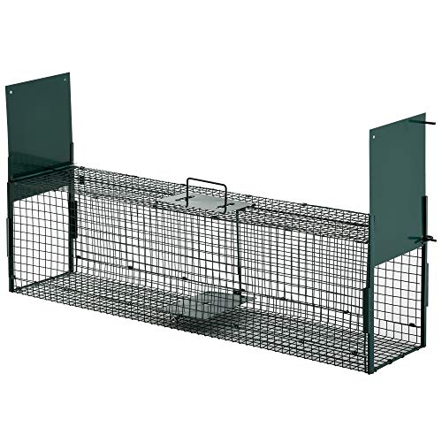 PawHut Trampa para Animales Vivos Jaula de Captura Metálica con 2 Puertas Asa para Conejos Visones Zorros Pequeños 100x25x28 cm Verde Oscuro