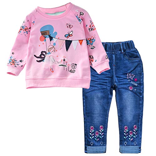 Peacolate 2-7 Años Niñas Conjunto Pantalones Para 2 piezas Top Manga Larga Algodón Estampado Camiseta Bordada y Vaqueros Con Mariposas Bordado(mariposa, 3 años)