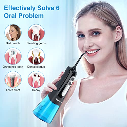 PECHAM Irrigadores Bucales, Irrigador Dental Inalámbrico Portátil con 4 Boquillas 4 Modos 300 ML, IPX7 Impermeable, Recargable para Limpieza Dental, Irrigador Bucal Electrico