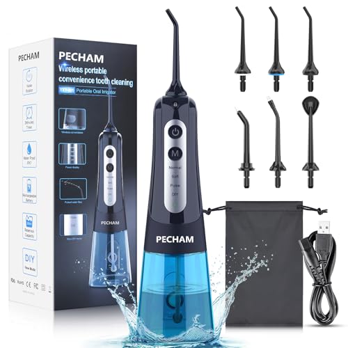 PECHAM Irrigadores Bucales, Irrigador Dental Inalámbrico Portátil con 4 Boquillas 4 Modos 300 ML, IPX7 Impermeable, Recargable para Limpieza Dental, Irrigador Bucal Electrico