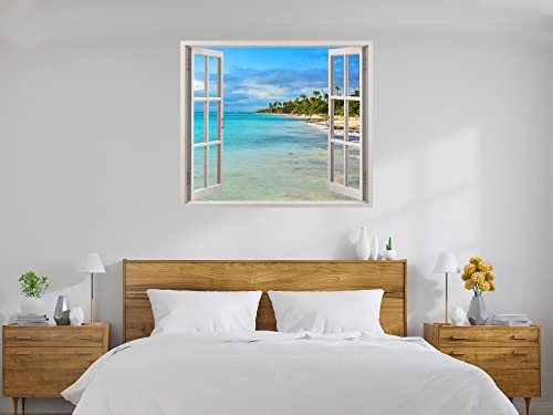 Pegatinas 3D Vinilo Ventana Varias Medidas 115x100cm | Adhesivo Incluido | Decoración Habitación | Playa, del Caribe con Palmeras | Multicolor | Diseño Elegante