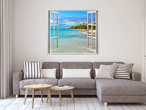 Pegatinas 3D Vinilo Ventana Varias Medidas 115x100cm | Adhesivo Incluido | Decoración Habitación | Playa, del Caribe con Palmeras | Multicolor | Diseño Elegante