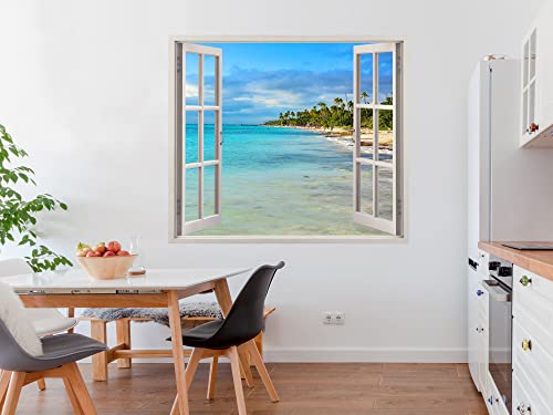 Pegatinas 3D Vinilo Ventana Varias Medidas 115x100cm | Adhesivo Incluido | Decoración Habitación | Playa, del Caribe con Palmeras | Multicolor | Diseño Elegante