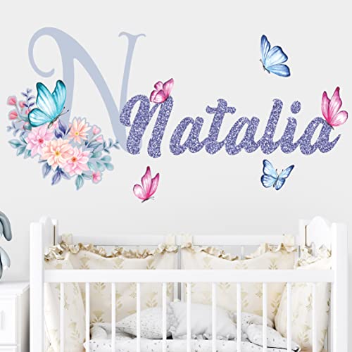 Pegatinas Pared Decorativas Flores y Mariposas Nombre Personalizado - Vinilos de Pared Decorativos Infantiles con Nombre - Vinilo Adhesivo Pared Personalizado para Habitacion - Pegatinas Infantiles